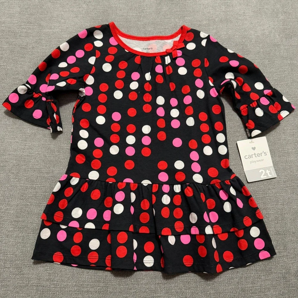 Carters Toddler Girls Polka Dot Ruffle Tiered Dress Red Pink Black 2T‎ NWT